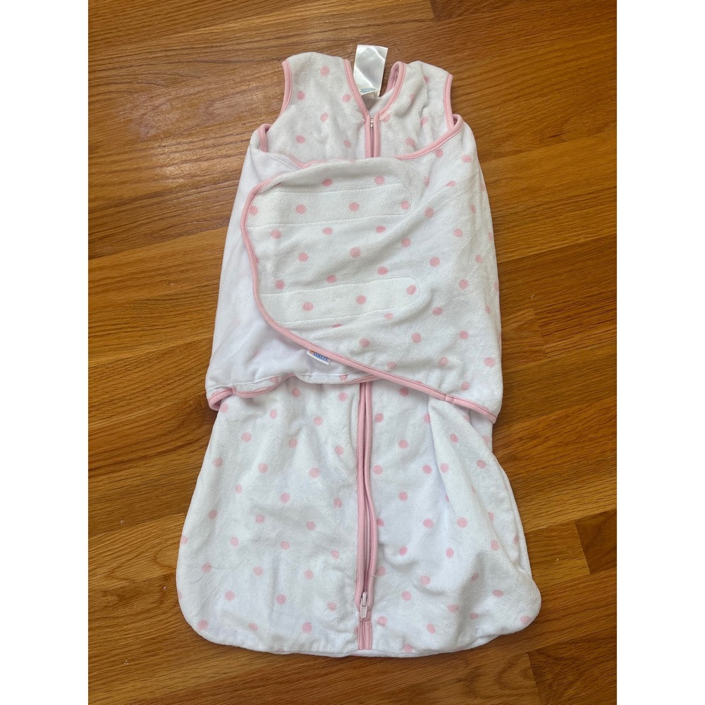 HALO Pottery Barn Baby SleepSack Swaddle Small 0-6M Pink Polka Dot Fleece White